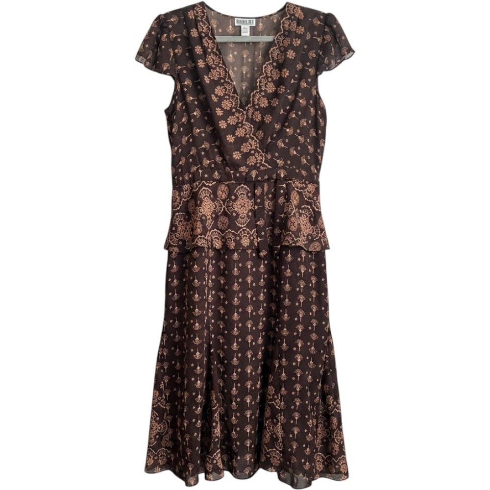 Robbie Bee Womens Brown Tan Floral Chiffon Peplum Midi Dress 10 Flutter Sleeve